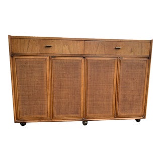 Mid Century Modern Cane Front Black Top Credenza on Wheels For Sale