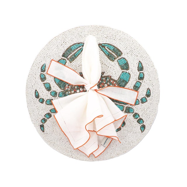 White Linen Napkins With Orange Ruffled Hemstitch Edges, Set of 4 For Sale - Image 9 of 11