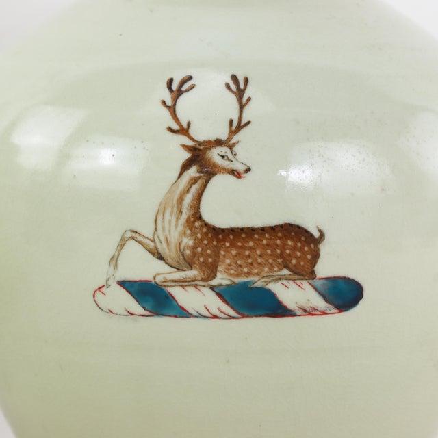 Celadon Pair of Chinese Export Celadon Porcelain Jars With Hand-Painted Stag Crest For Sale - Image 8 of 14