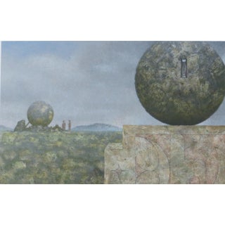 1980s Clayton Anderson Surrealist Painting, Landscape With Two Spheres For Sale