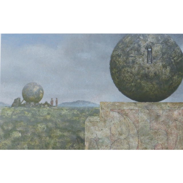 1980s Clayton Anderson Surrealist Painting, Landscape With Two Spheres For Sale