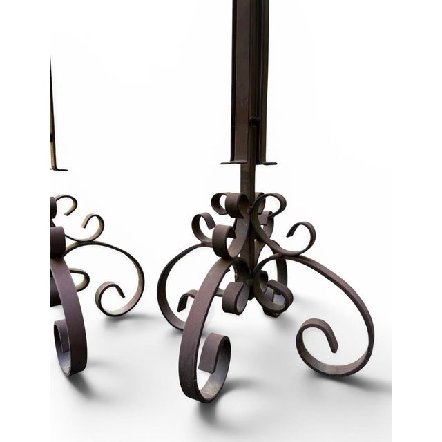 Pair of Monumental Vintage Spanish Revival Wrought Iron Floor Candle Holders For Sale - Image 4 of 8
