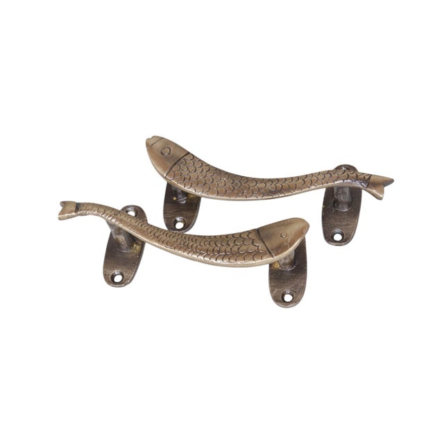 Rustic Antiqued Brass Fish Cabinet Pulls, a Pair For Sale - Image 3 of 5