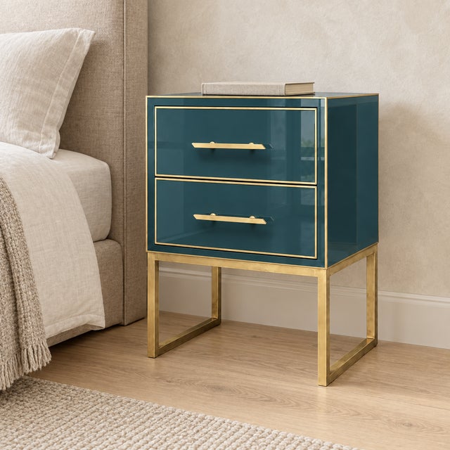 Blue Petrol Teal Murano Glass Bedside Tables with Polished Brass from Justfurnituress SRL, Set of 2 For Sale - Image 8 of 9
