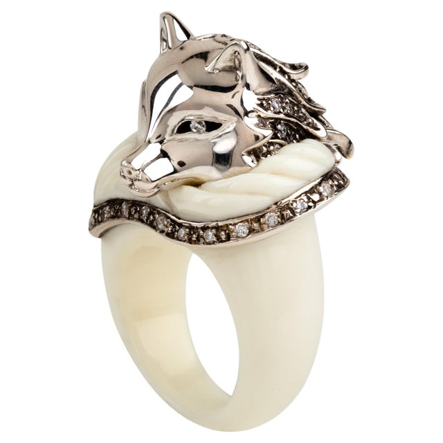 Miriam Salat Cream Ivory Fox Ring Set In Sterling Silver & White Topaz For Sale - Image 15 of 18
