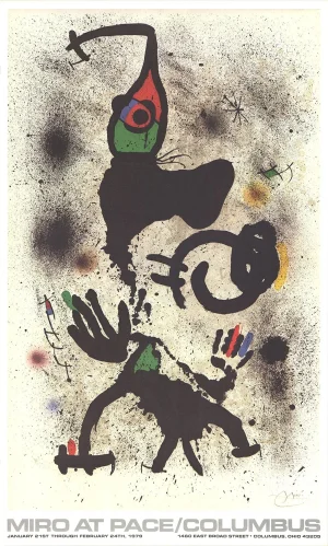 1979 Joan Miro 'At Pace-Columbus (Vertical)' Surrealism Multicolor, Black, White, Yellow, Red USA Offset Lithograph
