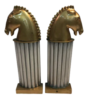 1930s Art Deco Bronze and Aluminum Horsehead Andirons - a Pair