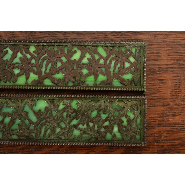 Apollo Studios New York Arts & Crafts Grapevine Pattern Bronze and Slag Glass Blotter Ends With Leather Desk Blotter For Sale - Image 11 of 15