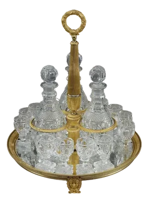 Charles X Liquor Service in Gilt Bronze Dans Cut Crystal, 1820s