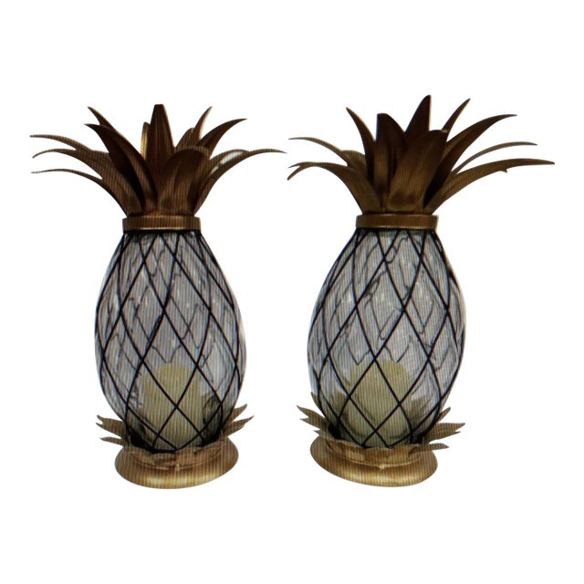 Glass Pineapple Lanterns Set of 2 Led Battery Operated For Sale