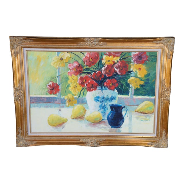 20th Century Still Life Oil Painting Flowers & Pears Framed For Sale
