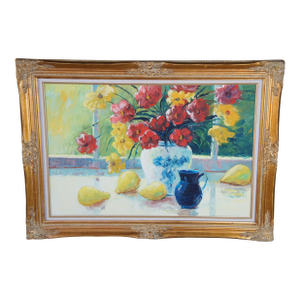 20th Century Still Life Oil Painting Flowers & Pears Framed