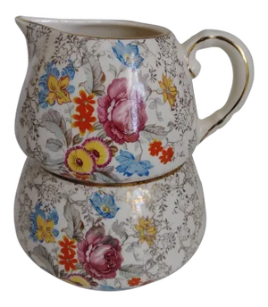 1940's Sandland Ware Floral Gilt and Chintz Rose Stackable Cream and Sugar Bowl Set - 2 Pieces