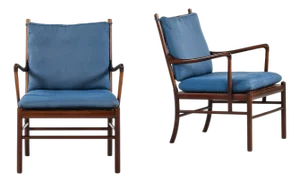 Set of Colonial Easy Chairs in Mahogany, Woven Cane and Fabric by Ole Wanscher, 1960s
