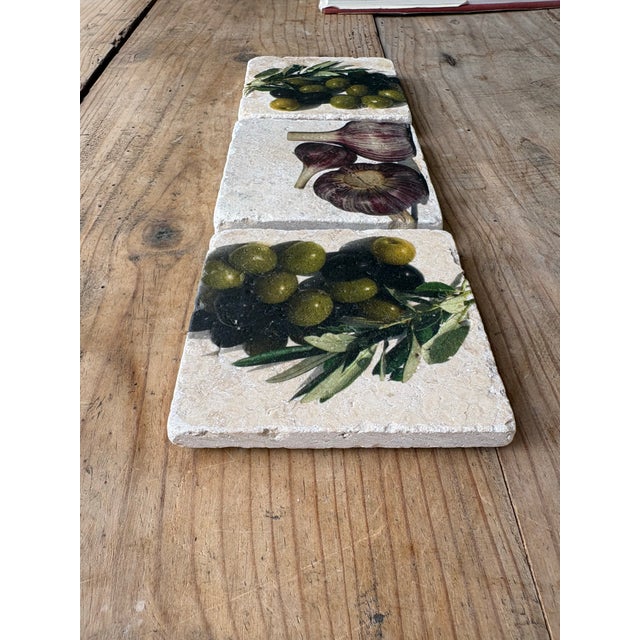 Vintage Italian Olive & Garlic Travertine Stone Coasters, Set of 3 For Sale - Image 4 of 10