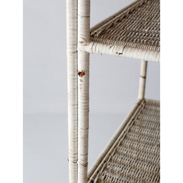 Shabby Chic Vintage White Wicker Etagere Shelf With Drawer For Sale - Image 3 of 17