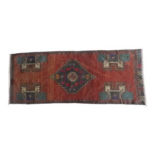 Kurdish Small Rug Distressed Low Pile Yastik Runner Faded Colors Rug 1′7″ × 3′11″ For Sale