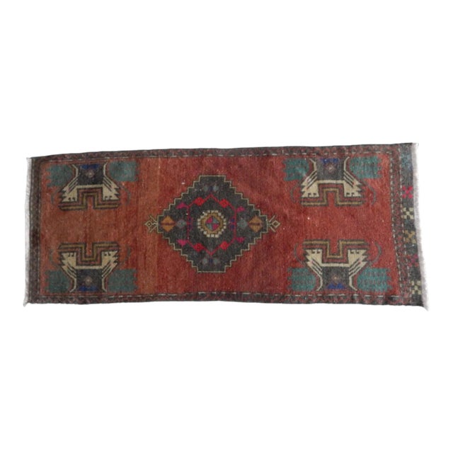Kurdish Small Rug Distressed Low Pile Yastik Runner Faded Colors Rug 1′7″ × 3′11″ For Sale