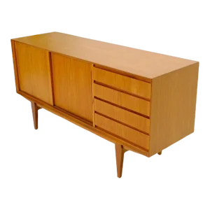 Danish Mid-Century Modern Teak Low 4 Drawers Sliding Doors Compartment Credenza