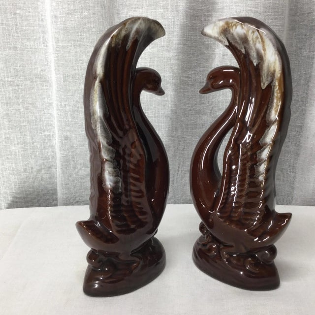 Art Deco Mid-Century Art Deco Boho Chic Swans in Brown Glaze Ceramic With White Tips - A Pair For Sale - Image 3 of 9