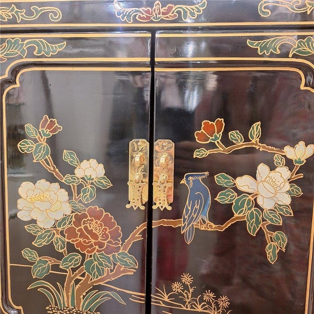Vintage Chinoiserie Black Lacquer Floral and Bird Cabinet For Sale - Image 4 of 10