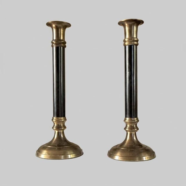Vintage Neoclassical Brass and Black Metal Column Candlesticks, 1980s, Set of 2 For Sale - Image 4 of 10