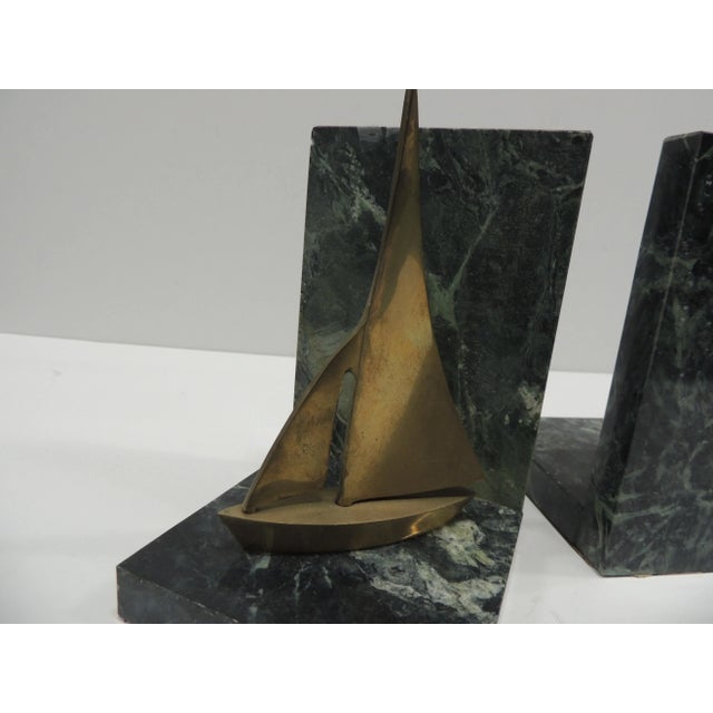 1960s MCM Vintage Brass Sailing Boats and Green Marble Bookends - A Pair For Sale - Image 5 of 7