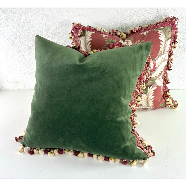 Art Deco Early 20th Cent. Hand Printed Cotton Tasseled Floral Pillows/Pair For Sale - Image 3 of 9