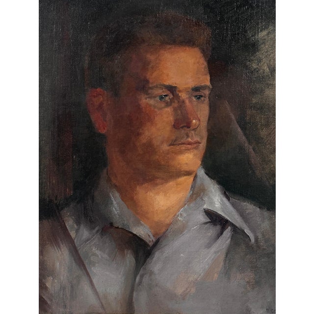Vintage Modernist Portrait of Man in Carved Gilt Frame, Signed (1947, Oil on Canvas). 3/4 profile of a man in a grey...