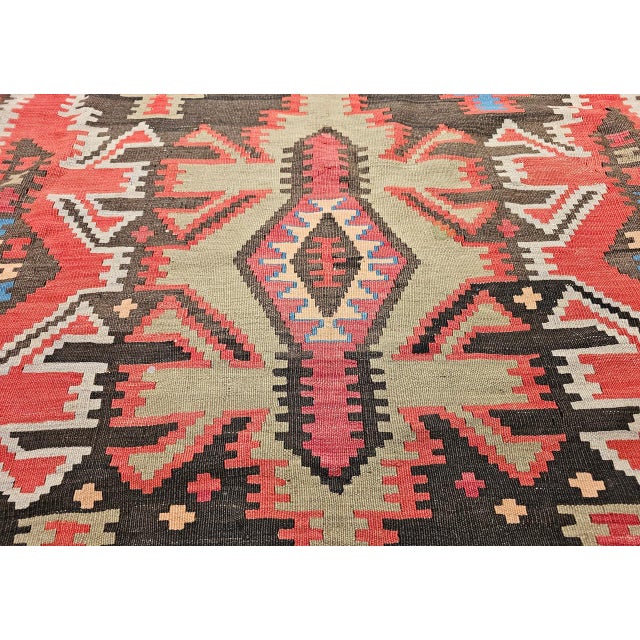 Tribal Antique Caucasian Kazak Kilim, Handwoven Wool, Geometric Design, Terracotta & Turquoise, 6x11 For Sale - Image 3 of 18