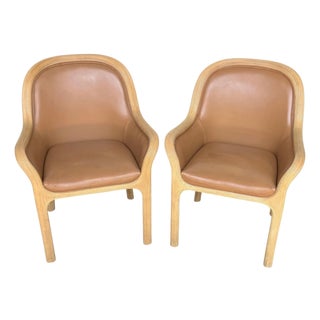 Pair of Karl Rausch for Baker "Linea Cara" Split-Reed Rattan & Leather Armchairs For Sale