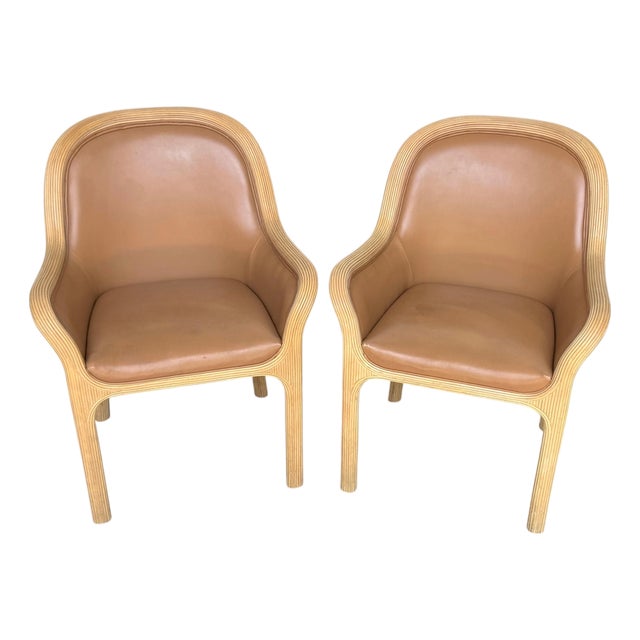 Pair of Karl Rausch for Baker "Linea Cara" Split-Reed Rattan & Leather Armchairs For Sale