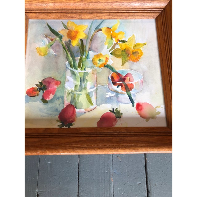Impressionist Original Vintage Watercolor Strawberries & Daffodils Framed For Sale - Image 3 of 5