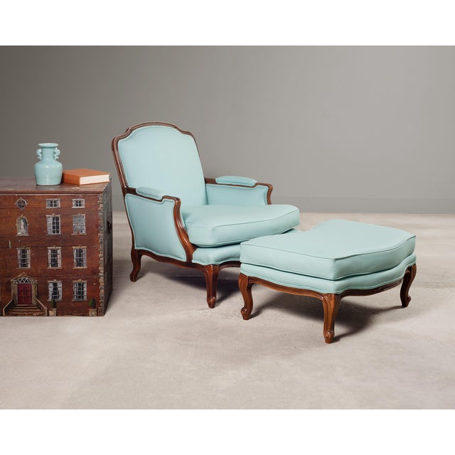 French Louis XV Style Bergère Lounge Chair in Tiffany Blue + Ottoman For Sale - Image 3 of 18