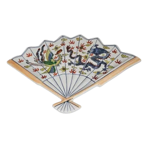 Vintage Porcelain Hh Fan Shaped Dish Hand Painted Dragon Bird and Dragon