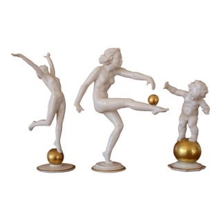 Hutschenreuther Carl Werner Art Deco Porcelain Nude Figures With Gold Spheres - Set of 3 For Sale