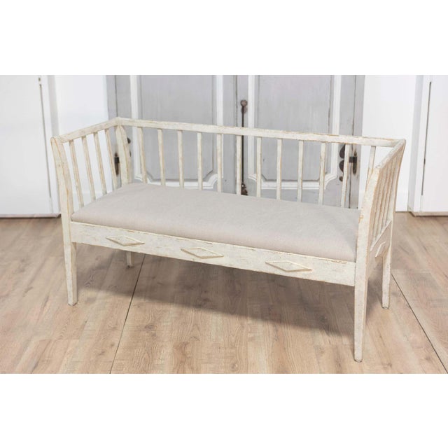 Mid 20th Century Swedish Gustavian Style Gray Painted Sofa Bench with Raised Diamond Motifs For Sale - Image 5 of 11