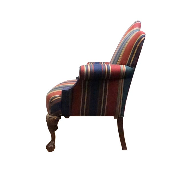 Late 20th Century High End Vintage Solid Mahogany Traditional Style 54" High Camelback Loveseat Settee W. Striped Upholstery For Sale - Image 5 of 9