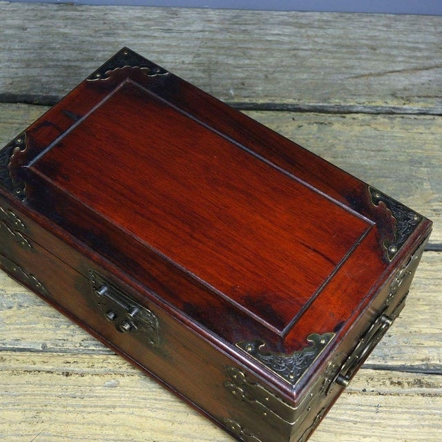 Chinese Vintage Rosewood Jewelry Box - Brass Mounted Keepsake Chest For Sale - Image 3 of 9