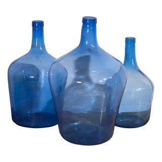Antique Blue Colour Demijohns, 1920, Set of 3 For Sale