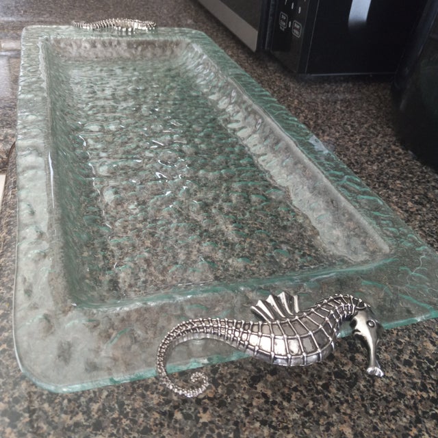 Lovely Glass Accent Tray Made of bubbled Glass with Seahorse Handles Will add style to any room!