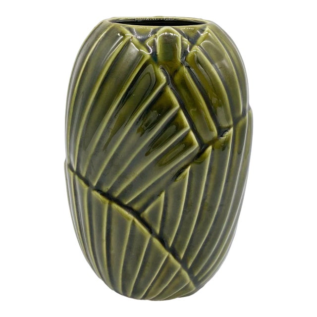 Vintage Boho Chic Green Ceramic Leaf Vase For Sale