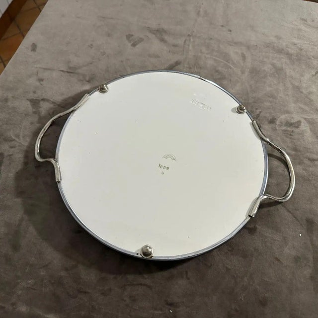 White 1930s Art Deco Bauhaus Air Brushed Ceramic and Silver Plate German Round Tray For Sale - Image 8 of 9