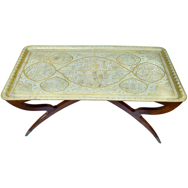 Hollywood Regency Early 20th Century Handmade Babylonian-Patterned Brass Tray Accent Table For Sale - Image 3 of 12