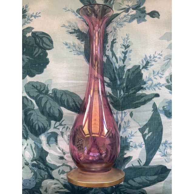 Mid-20th Century Rainbow Art Glass Cranberry Pink Vase With Gilt Base For Sale - Image 4 of 13