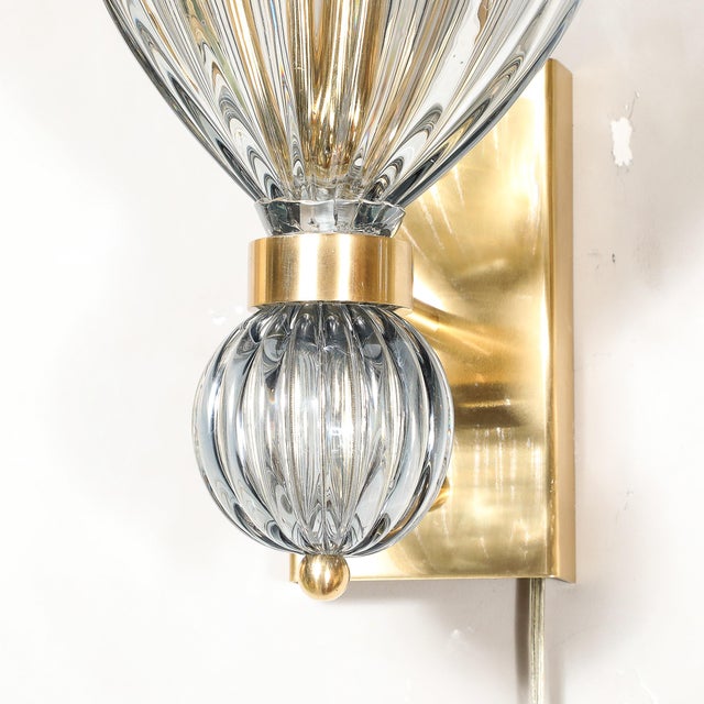 Modernist Orbital Drop Hand-Blown Murano Fluted Smoked Blue Gray Glass Sconces For Sale - Image 12 of 13