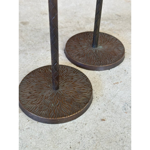 Traditional Pair of Tropical Palm Tree Metal Candle Holders With Verdigris Finish For Sale - Image 3 of 8