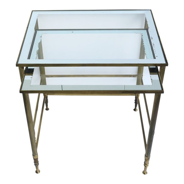Brass Glass Nesting Tables Maison Jansen Style, Set For Sale
