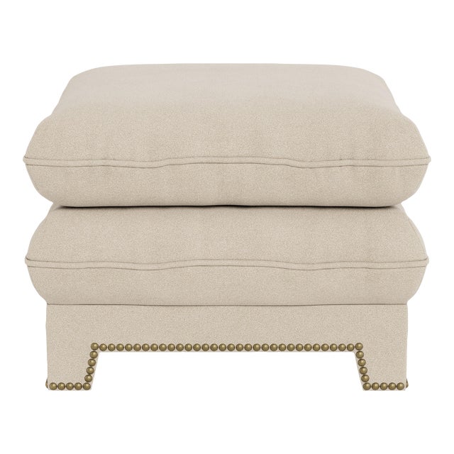 Bunny Williams Home Empire Ottoman in Oatmeal Linen with French Brass Nail Heads For Sale