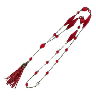 Art Nouveau Red Glass and Gilded Metal Tassel Necklace, 1890s For Sale